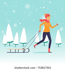 Girl is dragging the sleigh. Winter, snow, fun. Flat design vector illustration.