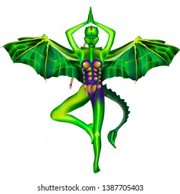 Girl with a dragon in a decorative pattern. Beautiful young woman dressed as a dragon, symbol of New Year 2024, vector illustration. fairytale conductor character in parallel worlds.