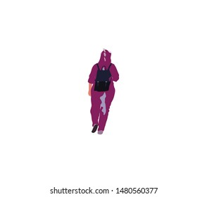 girl dragon kigurumi walks from the back on white background.