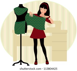 Girl drapes a seamstress mannequin vector illustration