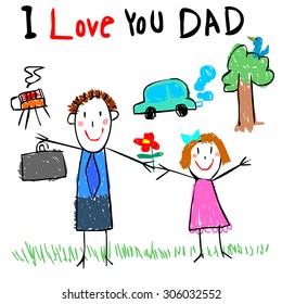 girl draw picture love dad doodle vector style