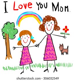 girl draw picture love mom doodle vector style