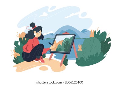 Girl draw picture in nature vector illustration. Woman create masterpiece on easel, country view flat style. Art, hobby, creativity concept