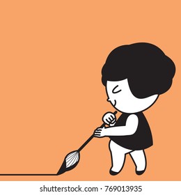 Girl Drawing Black Line With Brush And Ink On Orange Background Concept Card Character Paper Note illustration