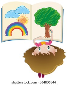 Girl drawing in book with colorpencil illustration