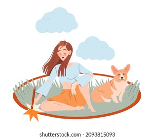 Girl Drawing Boundary Around Herself And Her Dog. Social Isolation, Unsocial Lonely Person Cartoon Vector Illustration