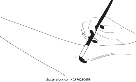 Girl drawing with a brush, continuous drawing of the line