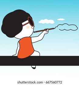 Girl Is Drawing A Cloud In The Sky From Window Glass Edge Concept Card Character illustration
