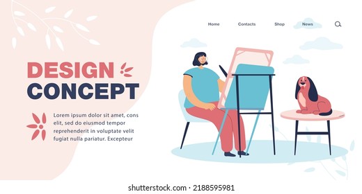 Girl drawing her dog on easel at home flat vector illustration. Happy pet sitting on table and posing for young artist. Occupation, art concept for banner, website design or landing web page