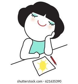 Girl Drawing Her Own Sunshine Concept Card Character illustration