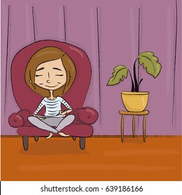 The girl is drawing at home
