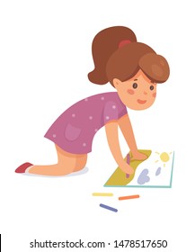 Girl drawing landscape flat vector illustration. Smiling child playing with colorful pencils cartoon character. Primary school, kindergarten pupil. Day care center interior. Happy childhood activity