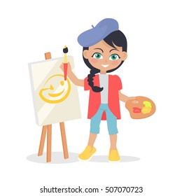 Girl drawing on easel isolated on white. Adorable little girl has leisure time. Young painter at drawing lesson. Toddler at playground draws a picture in flat style design. Daily activity. Vector