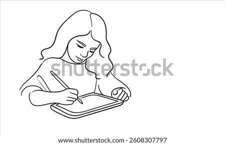 Girl drawing on tablet, continious line drawing. Drawing, teaching, artist. Vector illustration