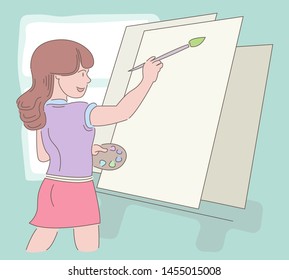 The girl drawing, painting, paints, brushes pencils.Cartoon  illustration  doodle  character  sketch  outline  line  hand illustrations, line art, concept  hand drawing,flat.