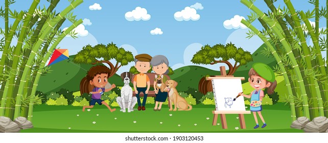 Girl drawing picture in nature illustration