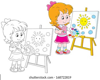 Girl drawing a picture with a smiling sun and clouds