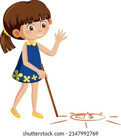 A girl drawing smiley sun on the ground illustration