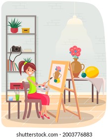 Girl drawing still life picture of vase and fruits. Female artist with brushes holding palette in hands. Creativity, art, painting, drawing on canvas. Smiling woman creates still life picture