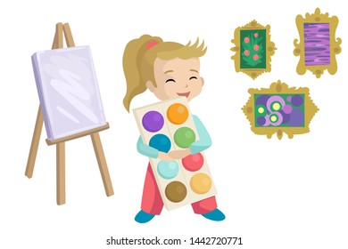 A girl in a drawing studio, a creative hobby painting, drawing for children, large watercolors paints, white canvas on an easel. Vector flat cartoon illustration