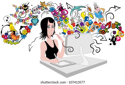A girl is drawing with a tablet in front of the computer, while her drawings come to life