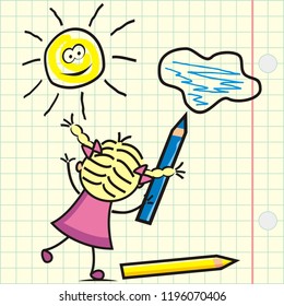 Girl and drawing, vector illustration. The girl draws the sun and the cloud. Little kid with crayons. At background is a square sheet of paper.