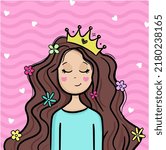 Girl drawing wearing a crown. Princess with crown. Girl with flowers in her hair.