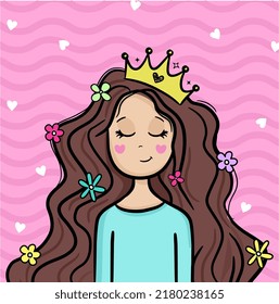 Girl drawing wearing a crown. Princess with crown. Girl with flowers in her hair.