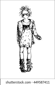 The girl drawn by hand with black brush pen