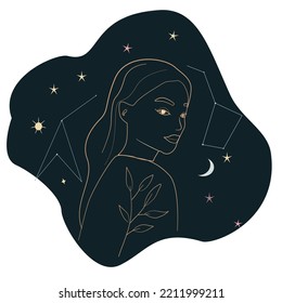 The girl is drawn in a minimalist style line. Star pattern and constellations. The concept of horoscopes, zodiac signs and astrologers, isotherics. Vector illustration of a woman in a dark blue sky