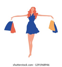 Girl drawn in a simple flat style. I spread my hands to the side of shopping. Without a background. Shopping.