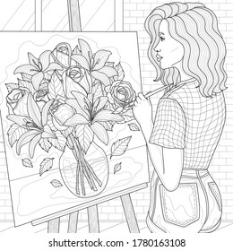 Girl draws a bouquet of flowers.
Antistress coloring book for adults and children.Illustration isolated on white background. Black and white drawing. Zentangle style.