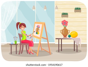 Girl draws with brush and palette in her hands. Artist draws vase of flowers, plum and melon