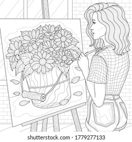 The girl draws a bucket with daisies. Coloring book anti-stress coloring concept for children and adults. Illustration isolated on white background. Black and white drawing. Zentangle style.