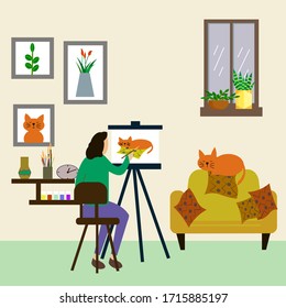Girl draws a cat. The artist paints a picture. Hobbies at home. Concept vector illustration in flat style. Interior living room.