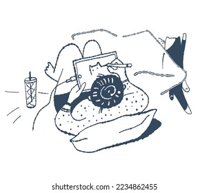 A girl draws a cat on a tablet. Vector illustration.
