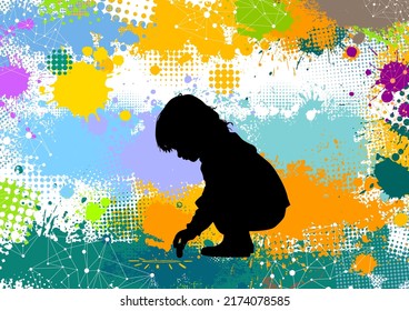 The Girl Draws With Chalk On The Pavement. Vector Illustration