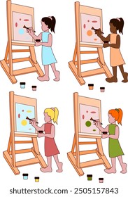 girl draws at an easel. different nationalities