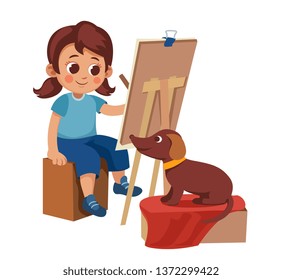 girl draws her dog. Dog Dachshund posing young mistress.