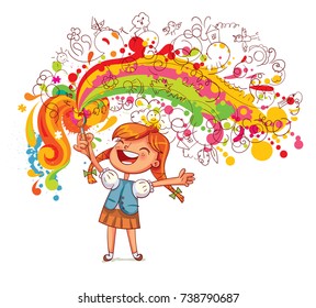 The girl draws large blobs with brush. Abstract color splash. Funny cartoon character. Vector illustration. Isolated on white background