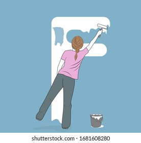 girl draws a letter F. with paint vector illustration.