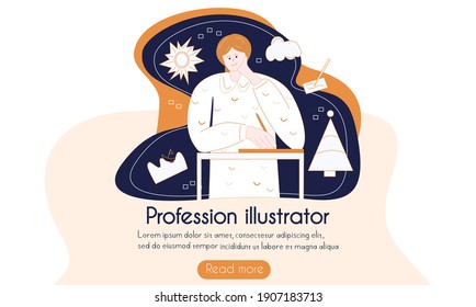 Girl draws on a graphic tablet, profession illustrator, landing page, web designer, vector illustration in flat style for business, advertising