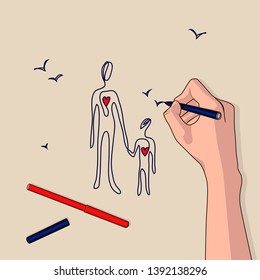 The girl draws on paper the silhouettes of two people with red hearts. Drawn men holding hands. Creative process.