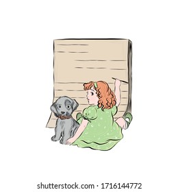 Girl draws on wooden board sitting on the floor with puppy. 
