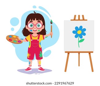 Girl draws with paints, vector illustration