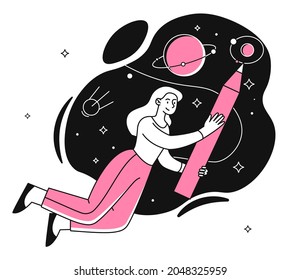 Girl draws with pencil. Woman illustrator concept. Space, pictures, dream. Creation, art, design. Creates abstract images, decoration. Cartoon flat vector illustration isolated on white background