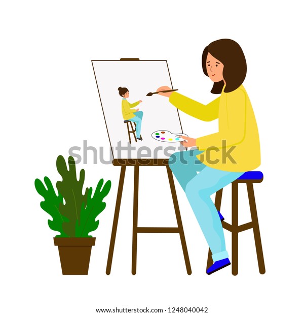 Girl draws a\
picture. The artist creates a self-portrait. A young woman sitting\
at the easel and draws a portrait. Vector illustration, character\
in flat style. White background.\
