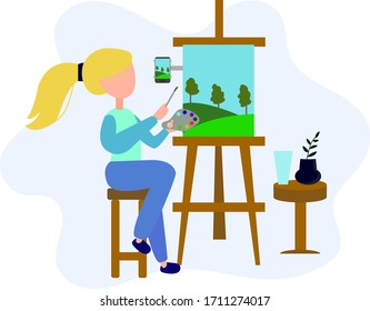 A girl draws a picture at an easel. Artist at work