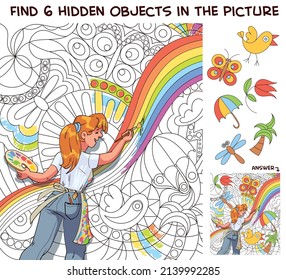 Girl draws a picture on the wall. Rainbow on wall. Find 6 hidden objects in the picture. Puzzle Hidden Items. Funny cartoon character. Vector illustration. Set