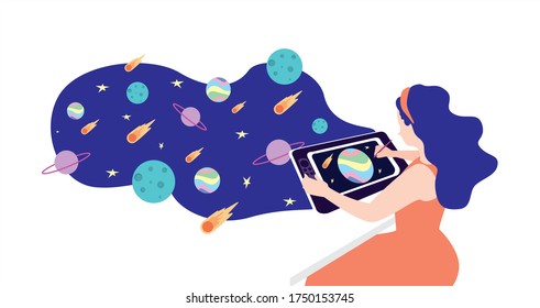 
Girl draws a space illustration on a graphic tablet with a screen. Freelancer, work from home. Computer or digital art. Spending time at your favorite job. Get creative at home. Vector illustration